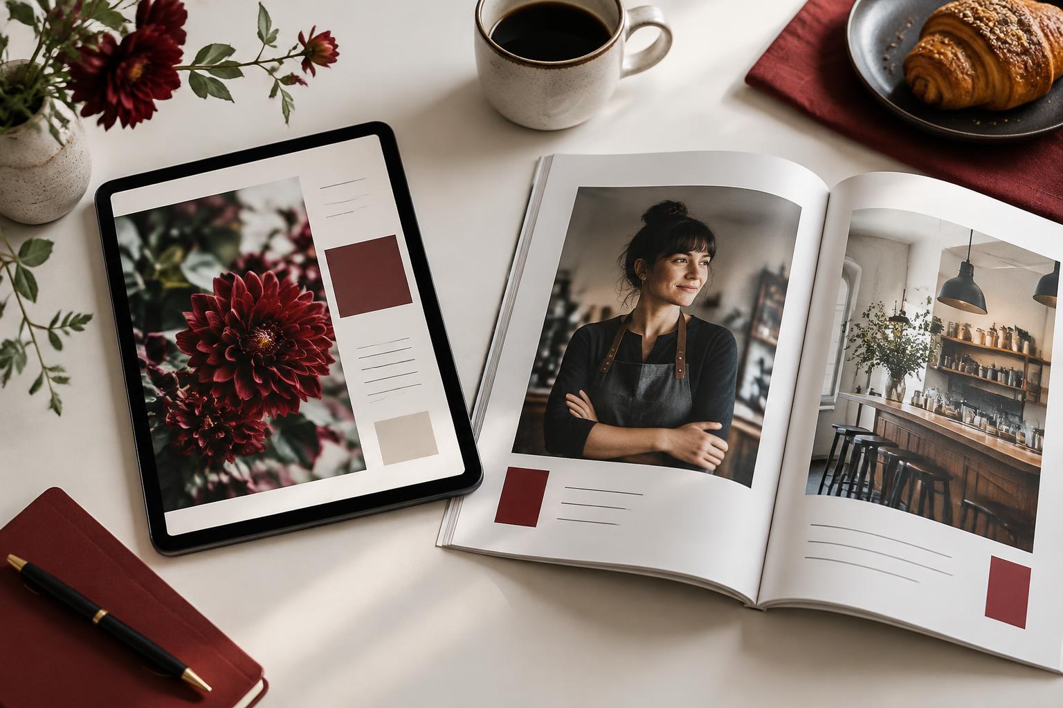 Digital magazine on a tablet beside an open publication