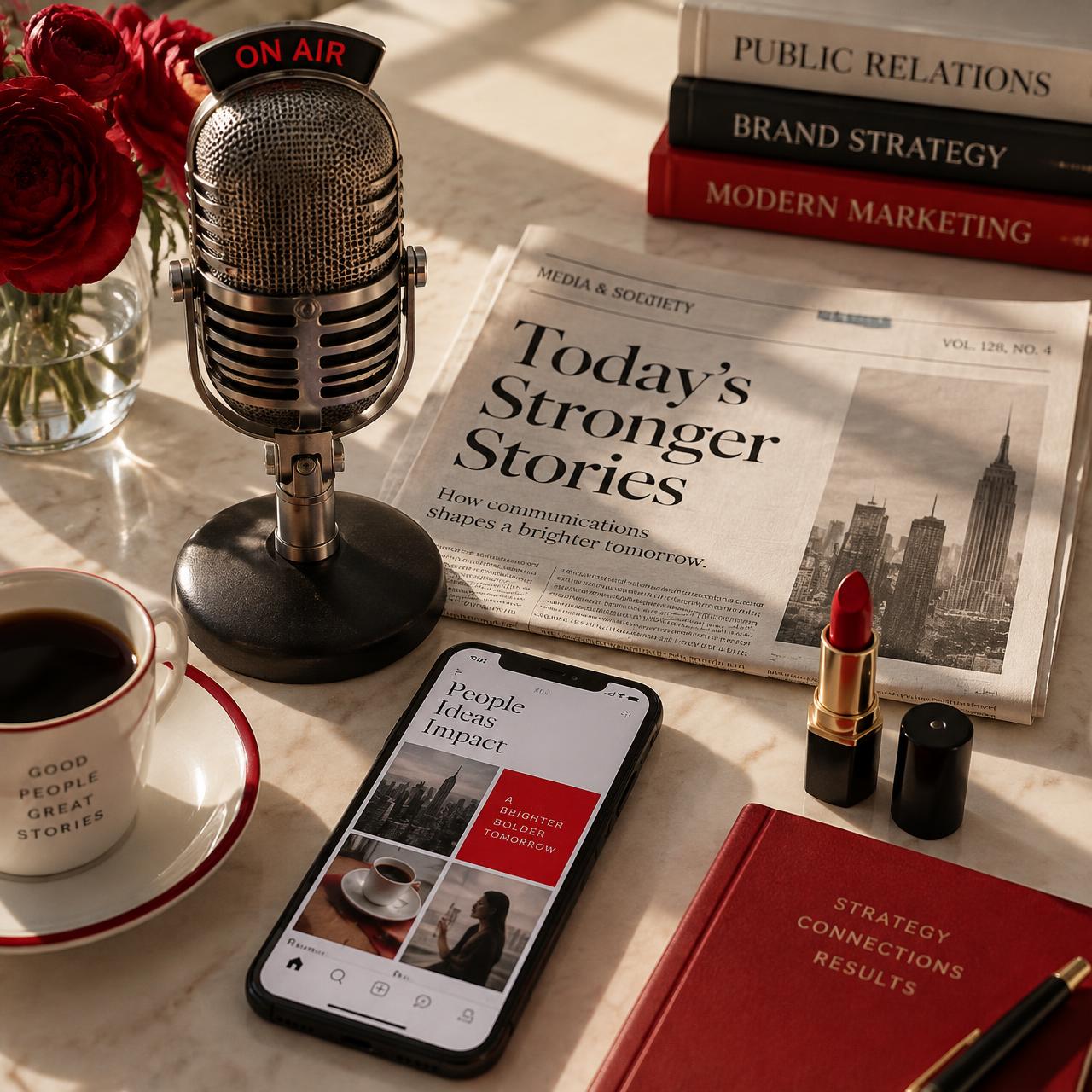 Microphone, newspaper and phone on a desk